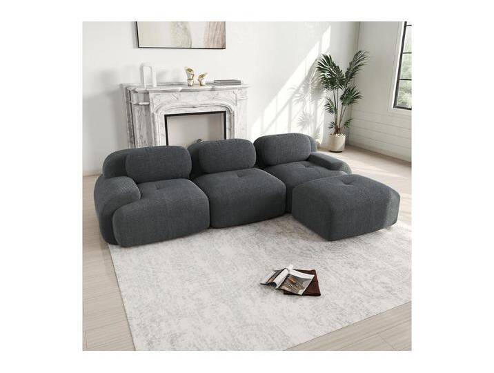 Modulares Ecksofa 3-Sitzer - aus Rippensamt - mit 3 Kissen und Hocker - 298x178x75cm - Grau von Kauf-Unique Marketplace