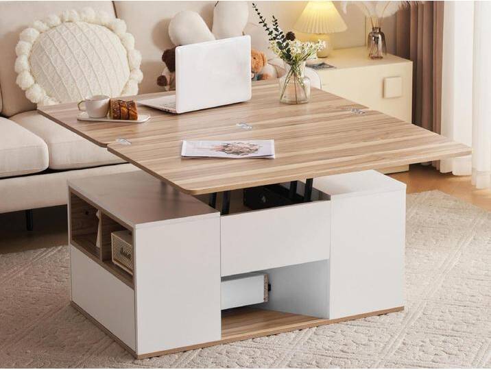 Multifunktionaler hochklappbarer Couchtisch – 2 Paneele, 2 Schubladen, 2 Fächer – Weiß und helles Natur Multifunktionaler hochklappbarer Couchtisch – 2 Paneele, 2 Schubladen, 2 Fächer – Weiß und helles Natur von Kauf-Unique Marketplace