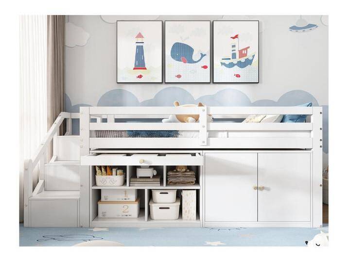 Multifunktionales Einzel-Kinderbett aus Massivholz – mit Stauraum, Leiter und ausziehbarem Tisch – 90 x 200 cm – Weiß von Kauf-Unique Marketplace
