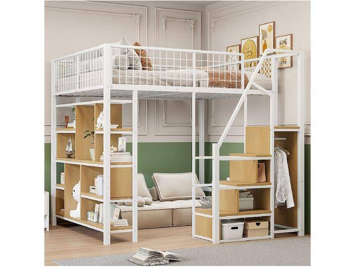 Multifunktionales Hochbett 140x200 cm aus weißem Metall mit Stauraum, Regalen, Leiter, geeignet für Kinder und Erwachsene, robust und modern Multifunktionales Hochbett 140x200 cm aus weißem Metall mit Stauraum, Regalen, Leiter, geeignet für Kinder und Erwachsene, robust und modern von Kauf-Unique Marketplace
