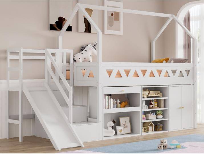 Multifunktionales Hochbett aus Holz und MDF – 90 x 200 cm – mit Rutsche, Treppe und Schließfächern – Weiß (ohne Matratze) von Kauf-Unique Marketplace