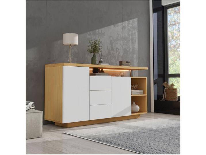 Multifunktionales Sideboard – 140 x 40 x 70 cm – mit 2 Türen + 3 Schubladen + LEDs – Spanplatte – Weiß von Kauf-Unique Marketplace