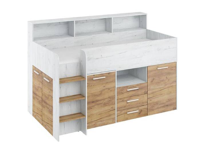 NEO L Etagenbett mit Schreibtisch, Schubladen und Regalen – weiß/craft gold, modernes Möbelstück für Kinderzimmer, sichere Leiter, Schlafbereich 80x200 cm von Kauf-Unique Marketplace
