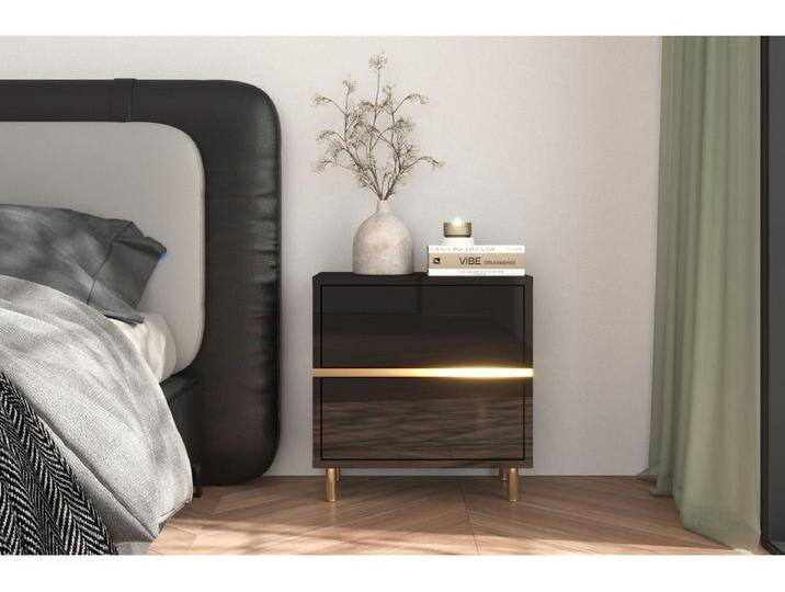 Nachttisch Marika, schwarz, gold, hochglanz von Kauf-Unique Marketplace