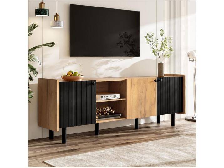 Natürlich TV-Schrank - 3-türiger TV-Schrank mit 2 offenen Stauräumen - 6 matte Eisenbeine - für das Wohnzimmer von Kauf-Unique Marketplace