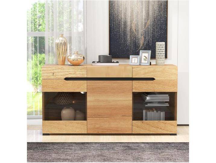 Niedriges Sideboard mit 3 Türen 3 Schubladen – moderne Wohnzimmermöbel – LEDs – Spanplatten – Natur von Kauf-Unique Marketplace
