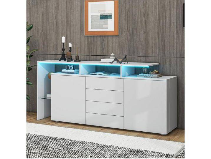 Niedriges Sideboard mit 4 Schubladen, 2 Türen und Glasregal – LEDs – MDF-Holz – für Wohnzimmer oder Küche – glänzendes Weiß von Kauf-Unique Marketplace