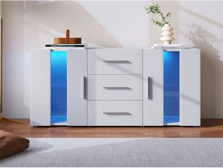 Niedriges Sideboard mit LED – 2 Türen und 3 Schubladen – verstellbare Einlegeböden – Weiß von Kauf-Unique Marketplace