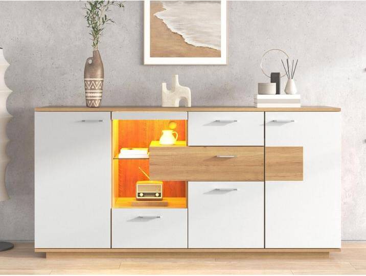 Niedriges Sideboard mit LED – 2 Türen und 4 Schubladen – zeitgenössischer Stil – Weiß und Natur von Kauf-Unique Marketplace