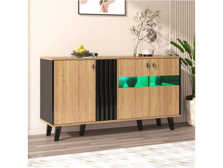 Niedriges Sideboard mit LED – 3 Türen und 6 Fächer – Natur & Schwarz von Kauf-Unique Marketplace