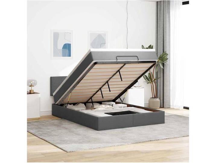 Ottomane Bett mit Matratze & LEDs Dunkelgrau 140x190 cm Stoff von Kauf-Unique Marketplace