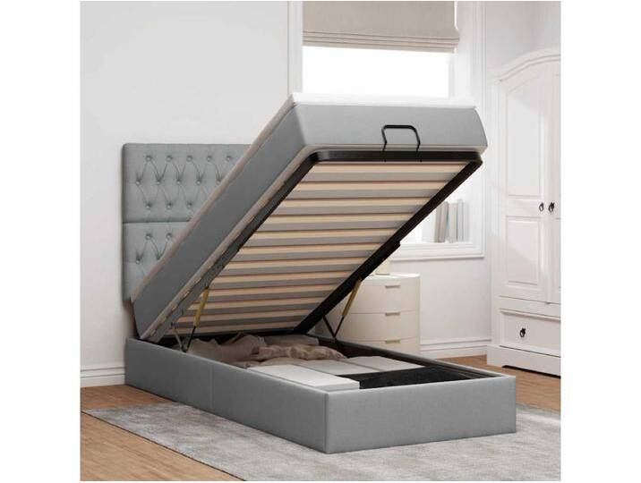 Ottomane Bett mit Matratze & LEDs Hellgrau 90x200 cm Stoff von Kauf-Unique Marketplace