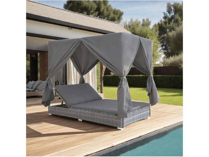 Outdoor-Lounge-Bett mit Vorhängen Poly Rattan Grau von Kauf-Unique Marketplace