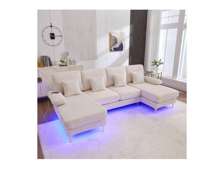Panorama-Eckcouch aus Velours - 4-Sitzer - mit RGB-LED und USB+Type-C-Anschluss - 265x135x88cm - Beige Panorama-Eckcouch aus Velours - 4-Sitzer - mit RGB-LED und USB+Type-C-Anschluss - 265x135x88cm - Beige von Kauf-Unique Marketplace