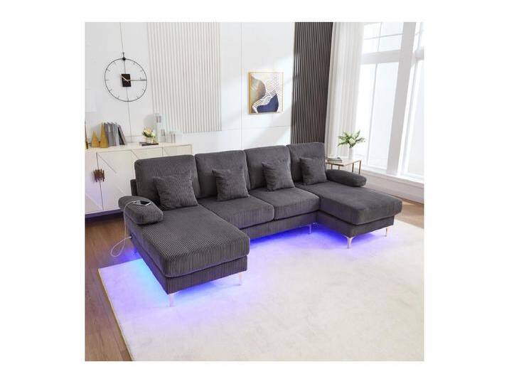Panorama-Eckcouch aus Velours - 4-Sitzer - mit RGB-LED und USB+Type-C-Anschluss - 265x135x88cm - Grau von Kauf-Unique Marketplace
