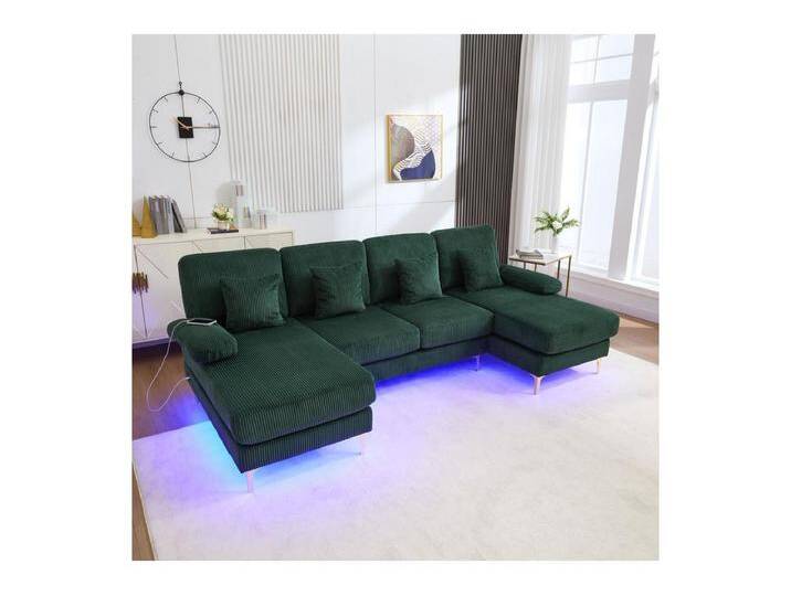 Panorama-Eckcouch aus Velours - 4-Sitzer - mit RGB-LED und USB+Type-C-Anschluss - 265x135x88cm - Grün Panorama-Eckcouch aus Velours - 4-Sitzer - mit RGB-LED und USB+Type-C-Anschluss - 265x135x88cm - Grün von Kauf-Unique Marketplace