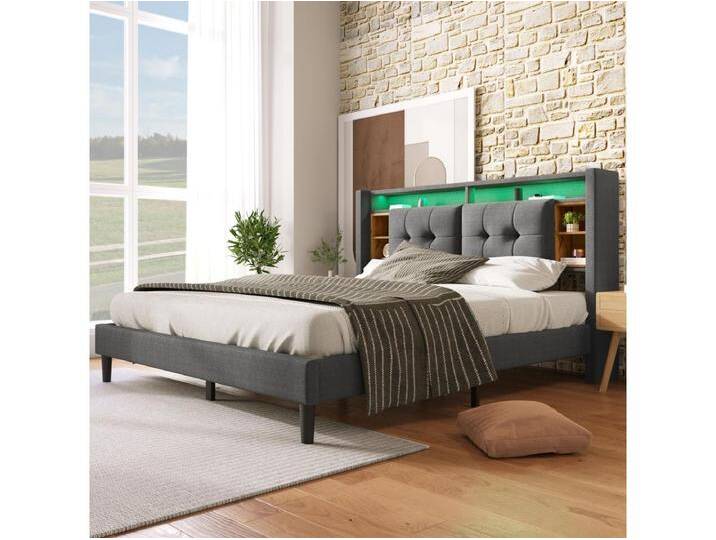 Polsterbett, Doppelbett, Kopfteil mit USB-Ladefunktion und LED-Beleuchtung, Lattenrost aus Holz, 160 x 200 cm, grau (ohne Matratze). von Kauf-Unique Marketplace