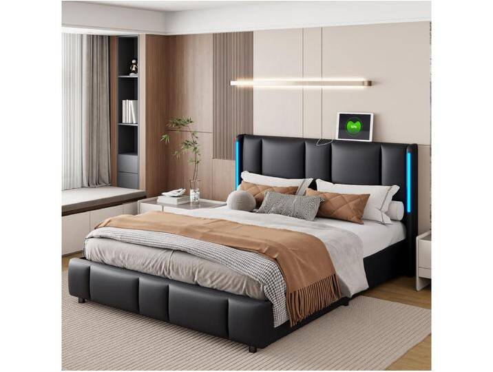 Polsterbett 140 x 200 cm, mit LED und USB Typ C, Doppelbett mit Lattenrost, Pu, Schwarz von Kauf-Unique Marketplace