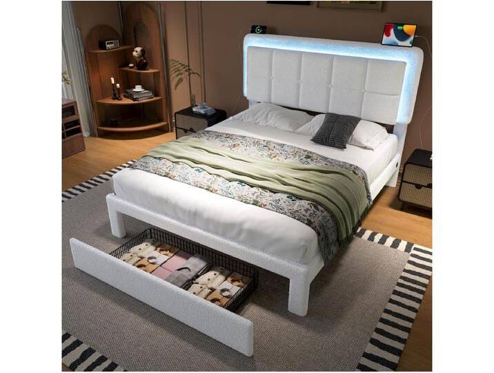 Polsterbett - 140 x 200 cm - Struktur aus Eisen und Holz - verstellbares Kopfteil + LEDs + USB + 1 Schublade - Samt - weiß Polsterbett - 140 x 200 cm - Struktur aus Eisen und Holz - verstellbares Kopfteil + LEDs + USB + 1 Schublade - Samt - weiß von Kauf-Unique Marketplace