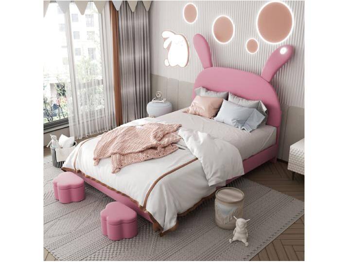 Polsterbett 140 x 200 cm mit 2 Aufbewahrungshockern für Kinder – LED-Nachttisch – verstellbares Kopfteil – Samt – Rosa Polsterbett 140 x 200 cm mit 2 Aufbewahrungshockern für Kinder – LED-Nachttisch – verstellbares Kopfteil – Samt – Rosa von Kauf-Unique Marketplace