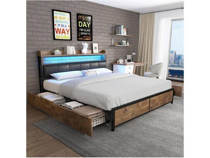 Polsterbett 140 x 200 cm mit 4 Schubladen und Kopfteil – LEDs – Metall, Holz und PU-Leder – Schwarz und Holzfarben von Kauf-Unique Marketplace