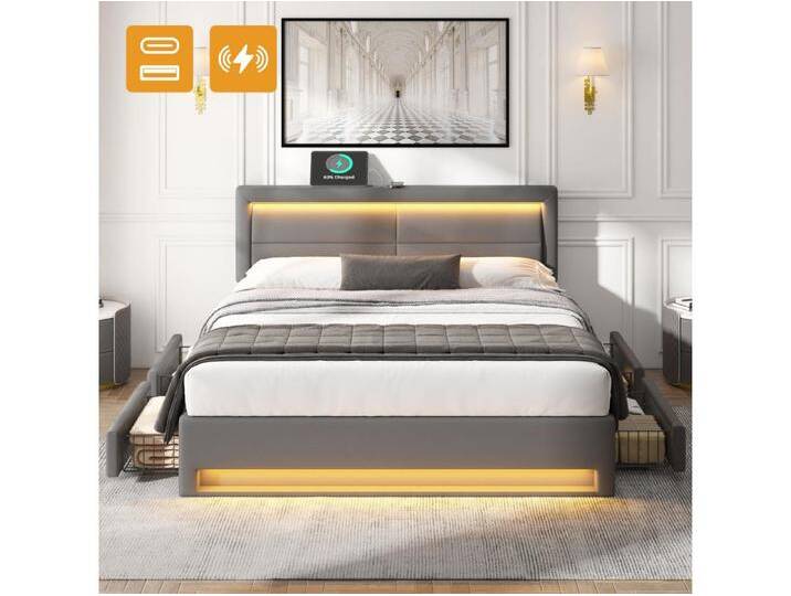 Polsterbett 140 x 200 cm mit 4 Schubladen und Kopfteil – USB-Anschluss + LEDs – PU-Leder – Grau (ohne Matratze) von Kauf-Unique Marketplace