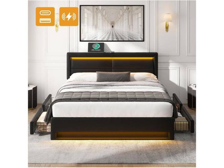 Polsterbett 140 x 200 cm mit 4 Schubladen und Kopfteil – USB-Anschluss + LEDs – PU-Leder – Schwarz (ohne Matratze) von Kauf-Unique Marketplace
