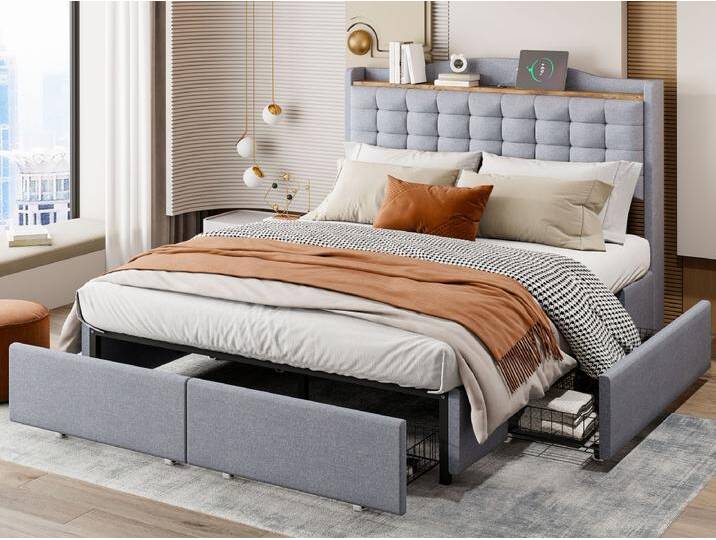 Polsterbett 140 x 200 cm mit 4 Schubladen und Regal – USB-Ladeanschluss – Grau Polsterbett 140 x 200 cm mit 4 Schubladen und Regal – USB-Ladeanschluss – Grau von Kauf-Unique Marketplace