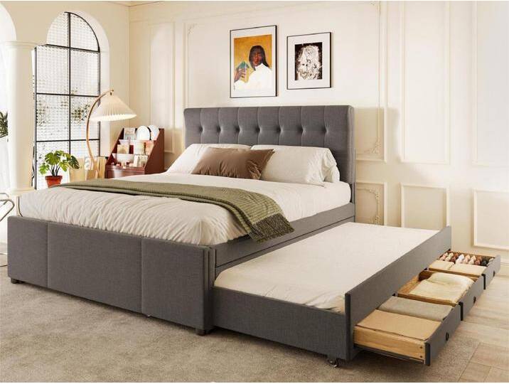 Polsterbett 140 x 200 cm mit Ausziehbett 90 x 190 cm – aus Leinenstoff – mit 3 Schubladen und Lattenrost – Grau Polsterbett 140 x 200 cm mit Ausziehbett 90 x 190 cm – aus Leinenstoff – mit 3 Schubladen und Lattenrost – Grau von Kauf-Unique Marketplace