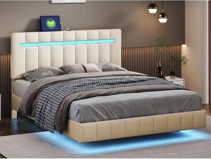Polsterbett 140 x 200 cm mit Kopfteil – LEDs – Leinenstoff – Beige von Kauf-Unique Marketplace