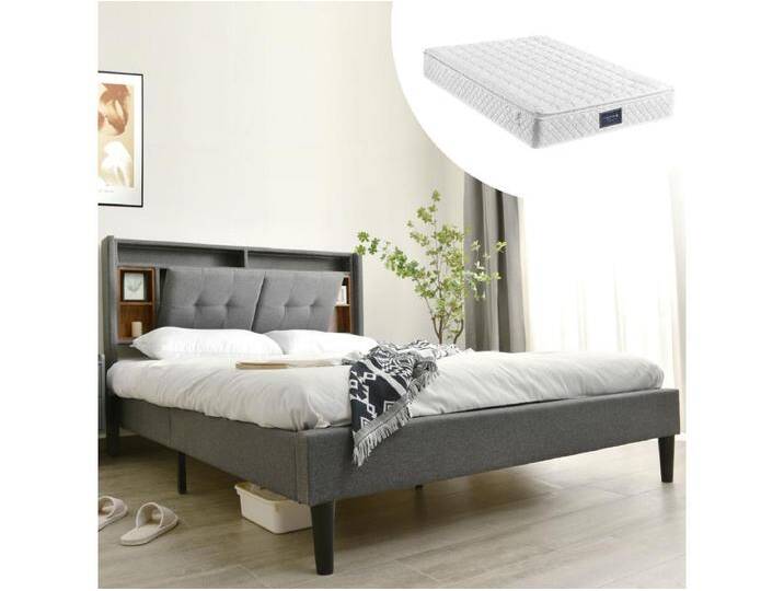 Polsterbett 140 x 200 cm mit Kopfteil – USB und LEDs – Leinenstoff – Grau + Matratze von Kauf-Unique Marketplace