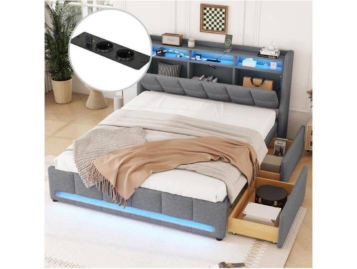 Polsterbett 140 x 200 cm mit Kopfteil und 2 Schubladen – LEDs und USB-Anschlüsse – Leinenstoff – Grau (ohne Matratze) von Kauf-Unique Marketplace
