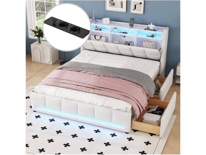 Polsterbett 140 x 200 cm mit Kopfteil und 2 Schubladen – LEDs und USB-Steckdosen – Leinenstoff – Beige (ohne Matratze) von Kauf-Unique Marketplace