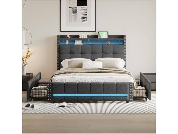 Polsterbett 140 x 200 cm mit Kopfteil und 4 Schubladen – LEDs + USB-Buchse – Leinenstoff – Grau (ohne Matratze) von Kauf-Unique Marketplace
