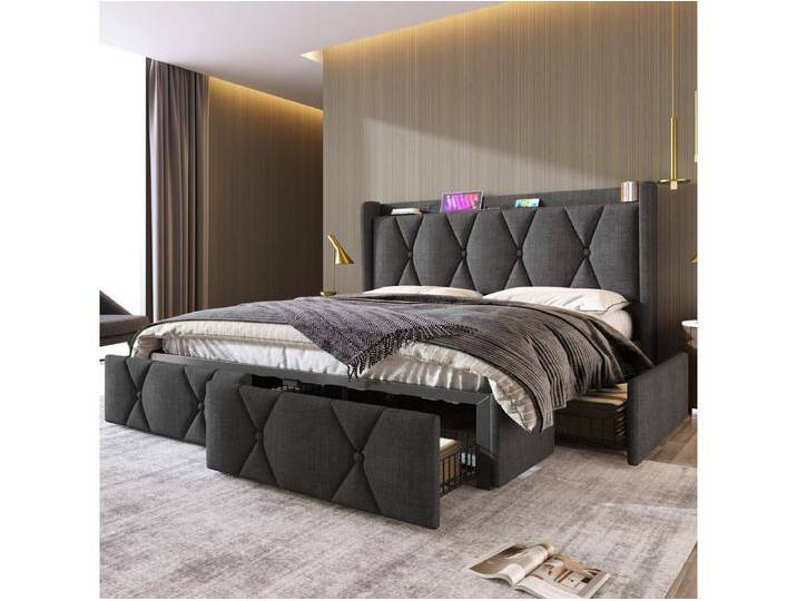 Polsterbett 140 x 200 cm mit Kopfteil und 4 Schubladen – USB – Leinenstoff – Grau von Kauf-Unique Marketplace