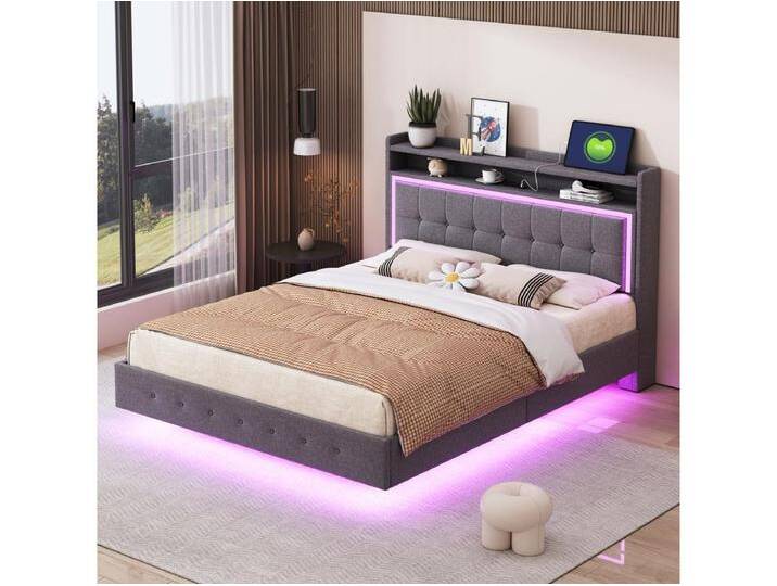 Polsterbett 140 x 200 cm mit Stauraum-Kopfteil, USB-Anschluss und LED-Beleuchtung – Leinenstoff – Grau (ohne Matratze) von Kauf-Unique Marketplace