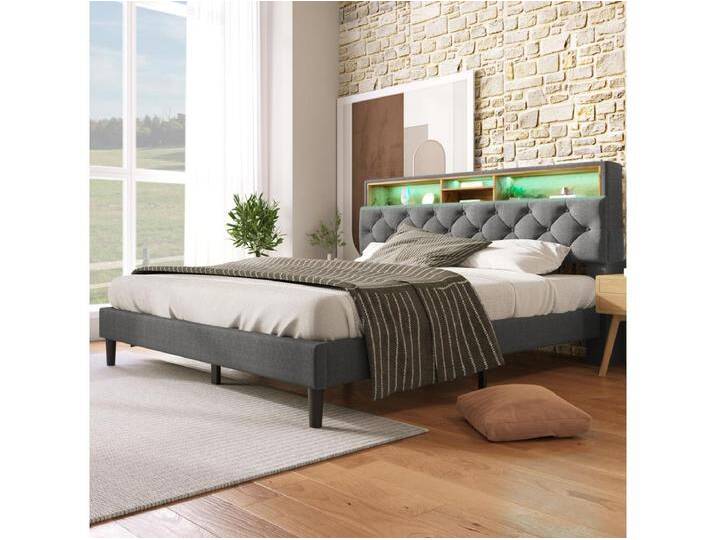 Polsterbett 140 x 200 cm mit Truhenkopfteil – LEDs – Leinenstoff – Grau Polsterbett 140 x 200 cm mit Truhenkopfteil – LEDs – Leinenstoff – Grau von Kauf-Unique Marketplace