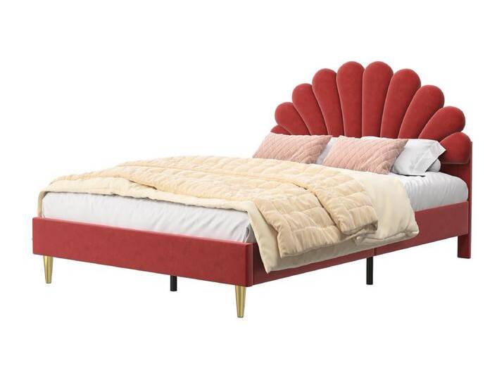 Polsterbett - 140x200 cm - Doppelbett mit blumenförmigem Kopfteil und Lattenrost - Samt - Rotwein von Kauf-Unique Marketplace