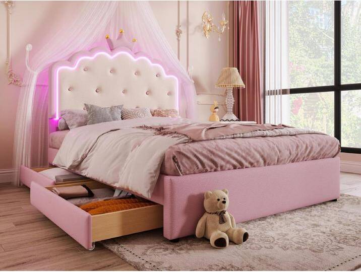 Polsterbett 140x200cm aus Kunstleder – mit LED + 2 Schubladen und einem Ausziehbett 90x190cm – Pink Polsterbett 140x200cm aus Kunstleder – mit LED + 2 Schubladen und einem Ausziehbett 90x190cm – Pink von Kauf-Unique Marketplace