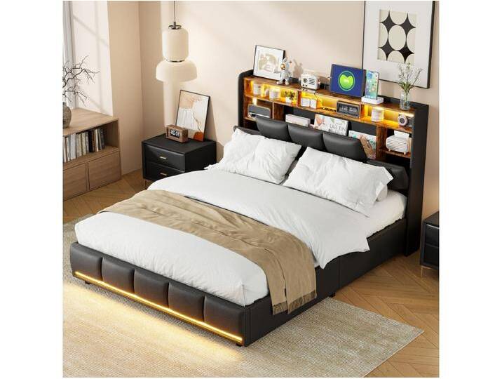 Polsterbett 140x200cm mit USB und Steckdosen, Jugendbett Doppelbett mit Lattenrost und Stauraum, Stauraumbett mit LED, Kunstleder, Schwarz von Kauf-Unique Marketplace