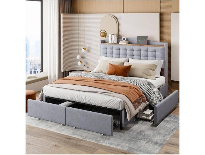 Polsterbett 160 x 200 cm, Doppelbett mit USB-Ladeanschluss und Regal, Stauraum mit 4 Schubladen, in grauem Leinen von Kauf-Unique Marketplace