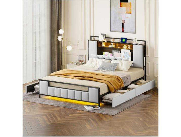 Polsterbett 160 x 200 cm mit 4 Schubladen – LEDs + USB-Buchse – Metall und Kunstleder – Weiß von Kauf-Unique Marketplace