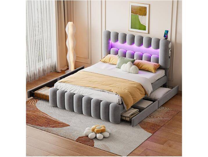 Polsterbett 160 x 200 cm mit 4 Schubladen – LEDs und USB-Steckdosen – Samt – Lattenrost – Grau (ohne Matratze) von Kauf-Unique Marketplace