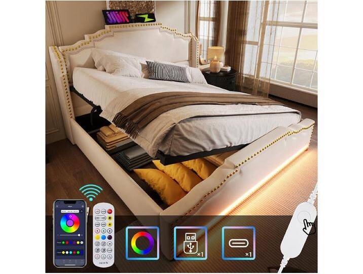 Polsterbett 160x200, Doppelbett mit hydraulischem Stauraum, LED-Beleuchtung und USB-C-Ladeanschluss, mit Lattenrostrahmen, Samt, beige. von Kauf-Unique Marketplace