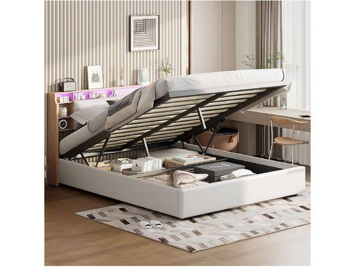 Polsterbett 160x200cm Doppelbett mit LED, Stauraumbett, Funktionsbett in Kunstleder, weiß von Kauf-Unique Marketplace