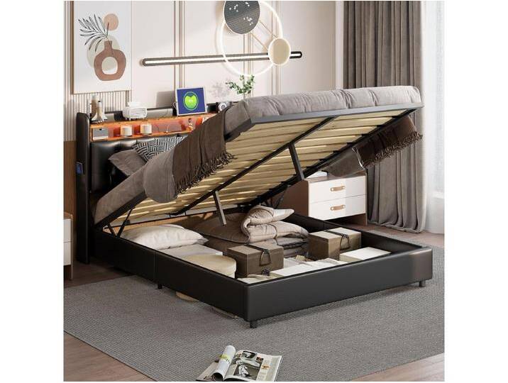 Polsterbett 180x200 mit USB und Steckdosen, LED, Hydraulisches Stauraumbett Doppelbett, Kunstleder, Schwarz von Kauf-Unique Marketplace