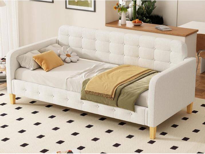 Polsterbett 90 x 200 cm, Tagesbett mit Kopfteil – Knopfnageldekor – Leinenstoff – Weiß von Kauf-Unique Marketplace