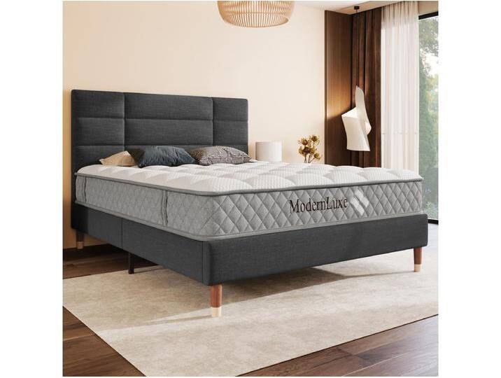 Polsterbett Doppelbett - 140 x 200 cm - mit Kopfteil + Lattenrost - Leinen - Grau (mit Matratze) von Kauf-Unique Marketplace