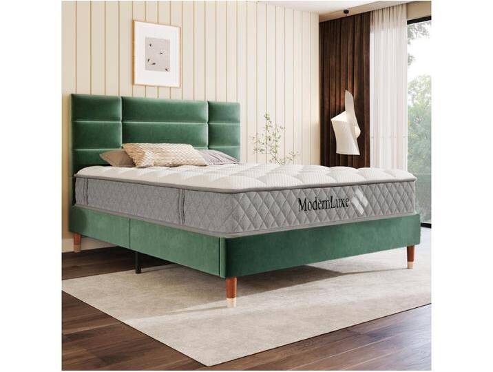 Polsterbett Doppelbett - 140 x 200 cm - mit Kopfteil + Lattenrost - Samt - Grün (mit Matratze) von Kauf-Unique Marketplace