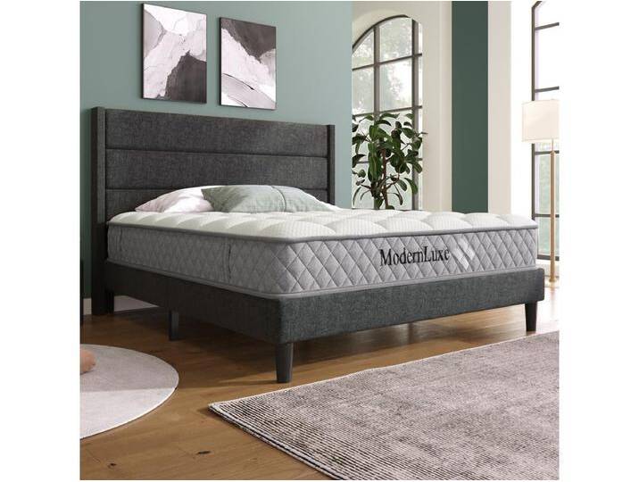 Polsterbett Doppelbett - 140 x 200 cm - mit Lattenrost + Kopfteil - Leinen - Grau (mit Matratze) von Kauf-Unique Marketplace
